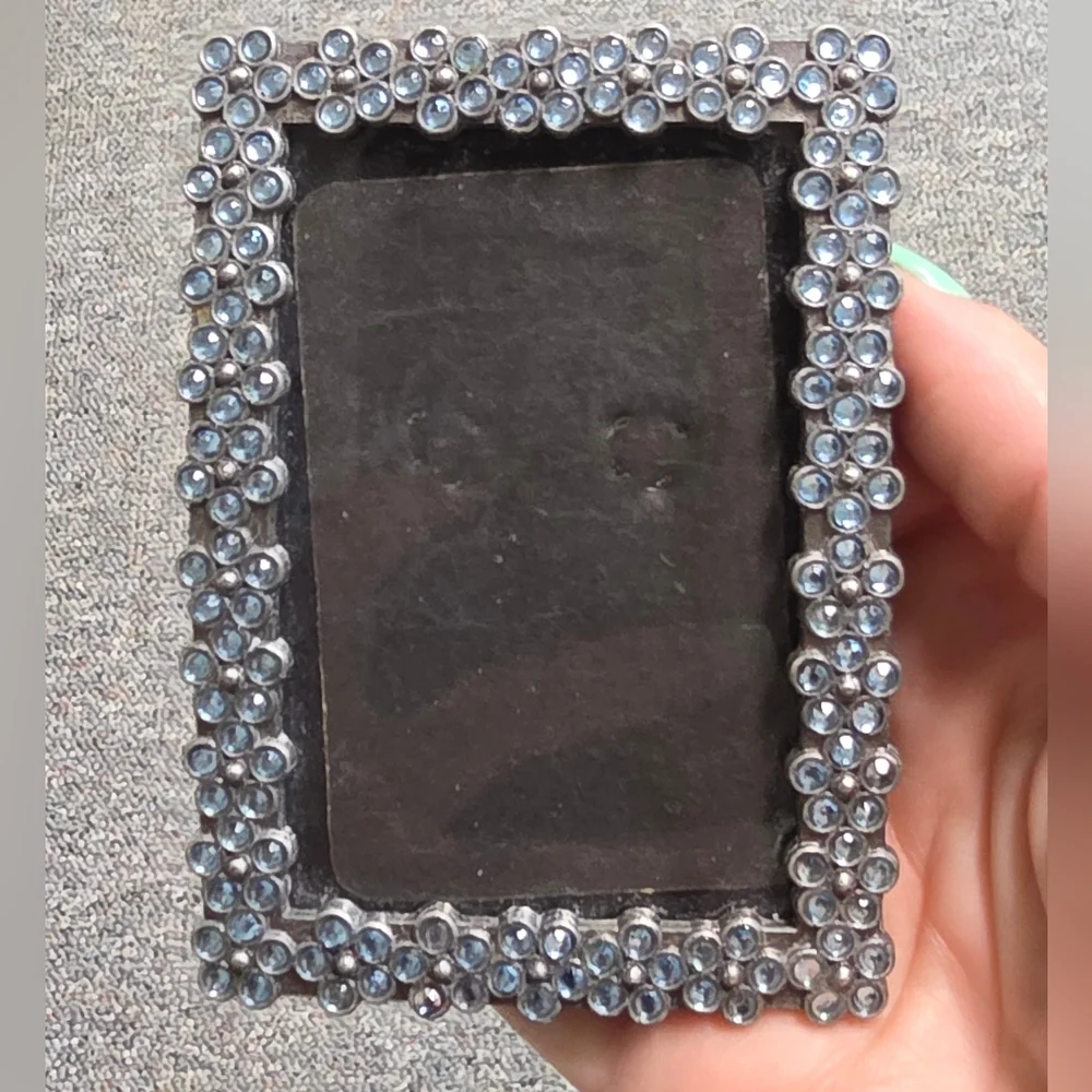 Papyrus Blue Austrian Crystal Floral Design Pewter Picture Frame